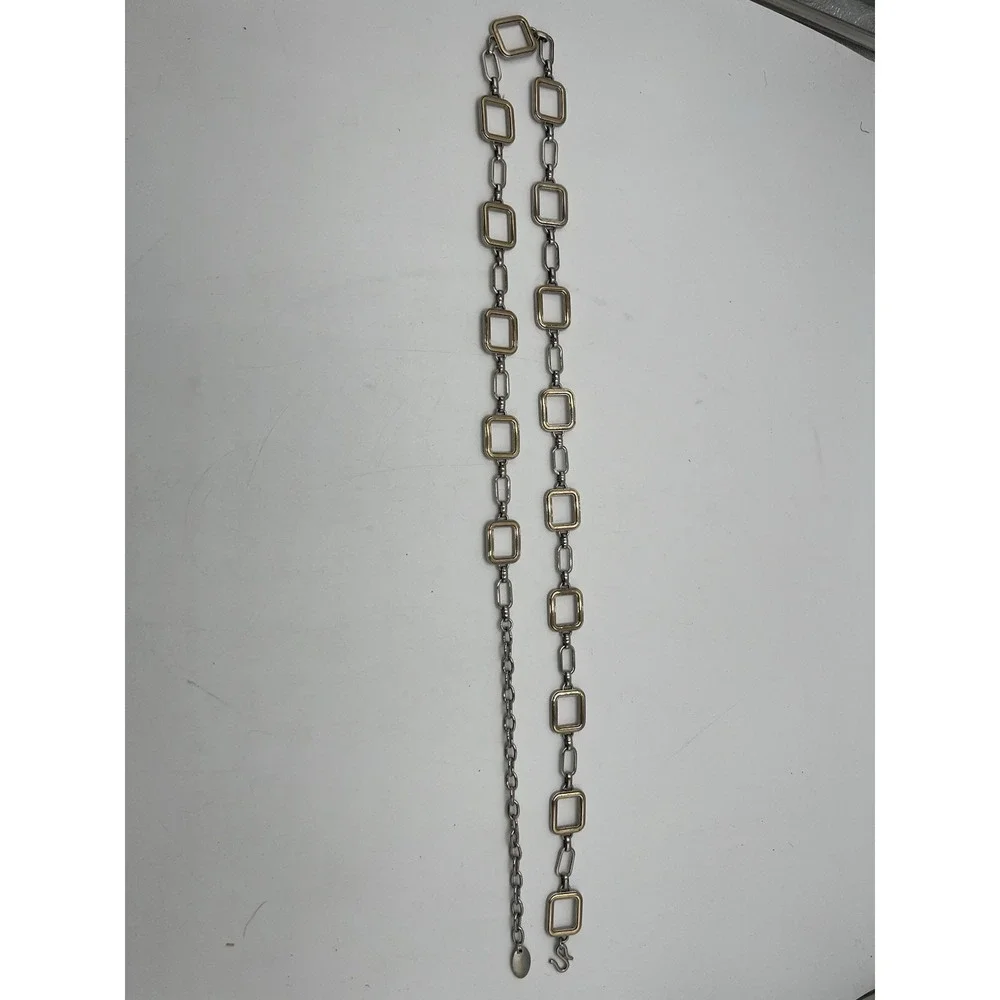 Vintage‎ Silver Gold Tone Geometric Square Link Chain Belt Adjustable 24